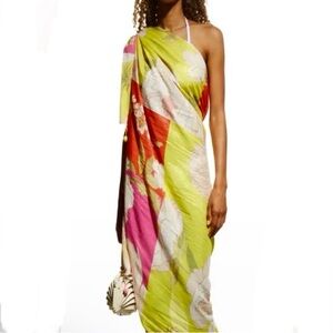 NEW FARM Rio Neon Garden Sarong Cover Up Crochet Pom Pom Gold Threading 64 x 64"